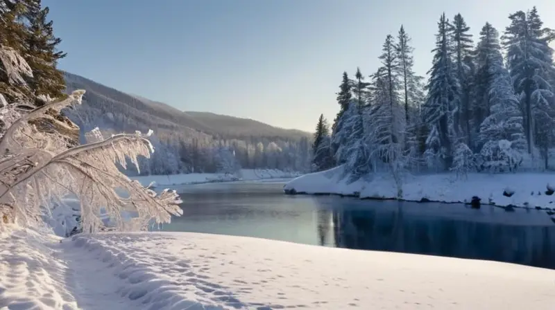 Un paisaje invernal sereno con nieve brillante, árboles cubiertos, montañas distantes y un cielo azul claro