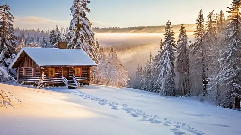 Un paisaje invernal sereno cubierto de nieve, con árboles verdes, un cielo azul y una cabaña rústica que emana calidez