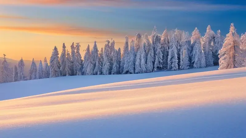 Un paisaje invernal sereno con nieve, árboles, icicles y un cielo azul