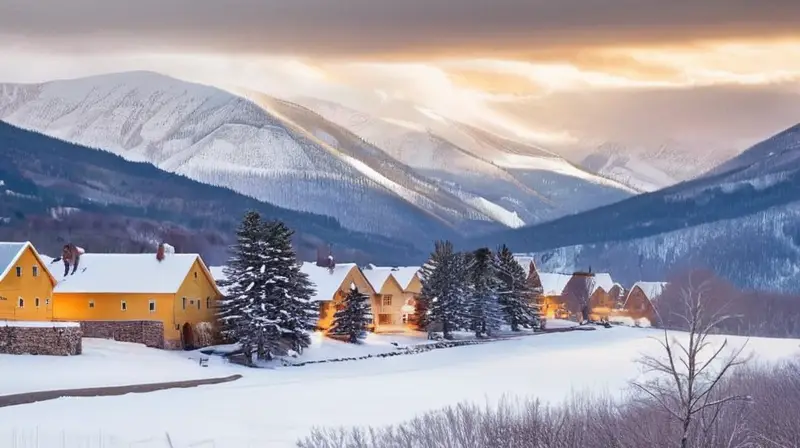 Un paisaje invernal sereno, cubierto de nieve, con un pequeño pueblo iluminado y huellas que se pierden en la distancia