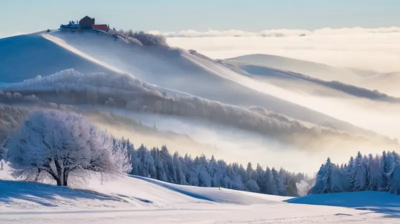 Un paisaje invernal sereno y dinámico, cubierto de nieve, con detalles brillantes y contrastes vibrantes