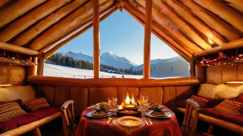 Un acogedor paisaje invernal con montañas nevadas, esquiadores, yurts rústicos, comida deliciosa y un ambiente cálido y festivo