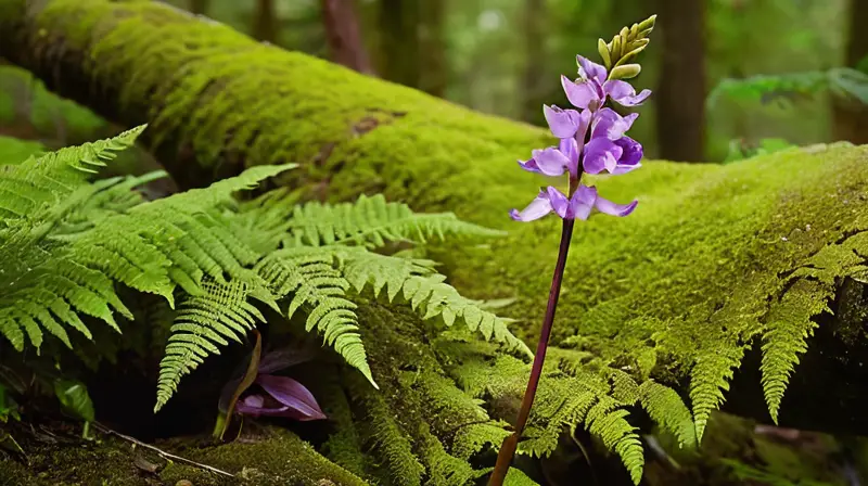 Una orquídea rara con pétalos amarillos y morados, textura aterciopelada y un entorno sereno en el bosque