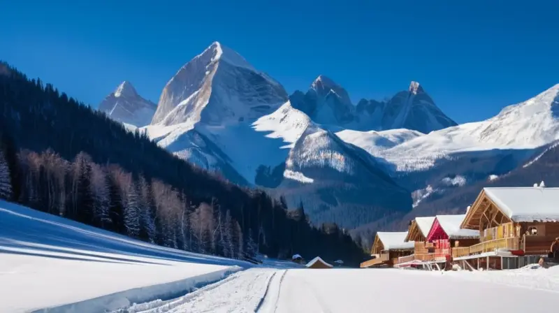 Un paisaje invernal con montañas cubiertas de nieve, esquiadores coloridos y cabañas rústicas bajo un cielo azul brillante