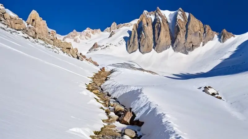 Un paisaje montañoso cubierto de nieve, con esquiadores desafiando un estrecho y peligroso sendero bajo un cielo azul brillante