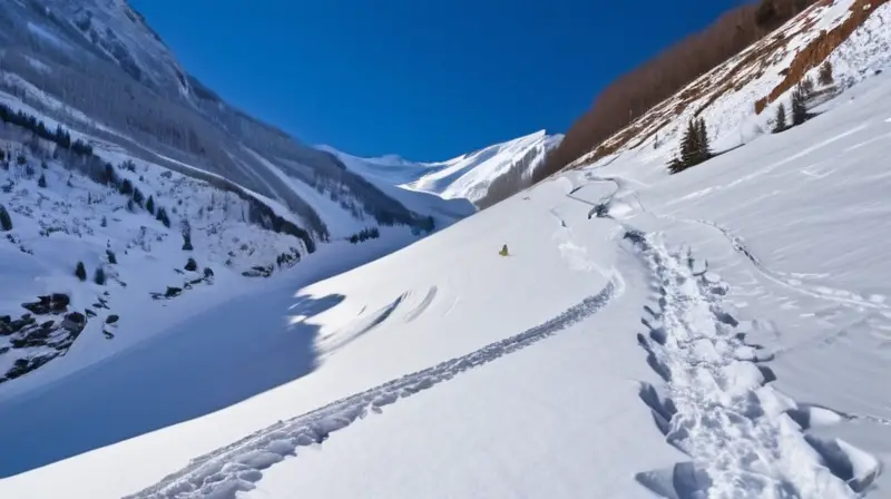 Esquidores en una montaña nevada con picos afilados, un canal empinado y un cielo azul claro