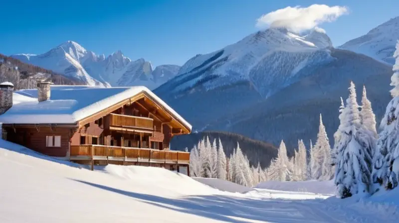 Un paisaje invernal de montañas cubiertas de nieve, chalets acogedores y esquiadores en acción bajo un cielo azul