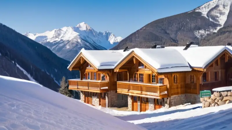 Un paisaje alpino invernal con picos nevados, chalets rústicos, esquiadores coloridos y un ambiente acogedor